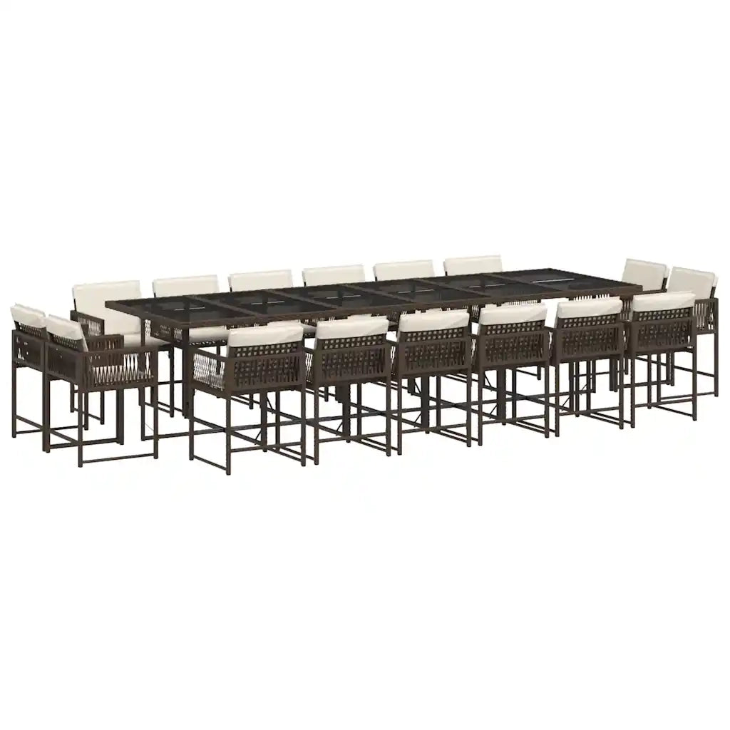 Set da Pranzo da Giardino 17 pz con Cuscini Marrone Polyrattan