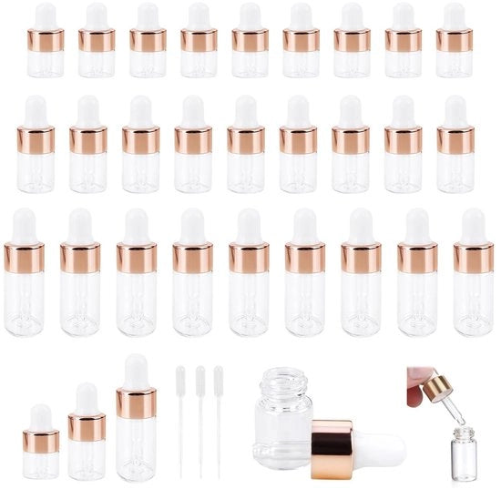 Pipette a Boccette 30 Unità - Boccetta con Pipetta - Mini Boccette 1/3/5 ml - Acciaio Inossidabile - Vetro di Alta Qualità - Eterno e Resistente all'Acqua - Boccetta a Goccia