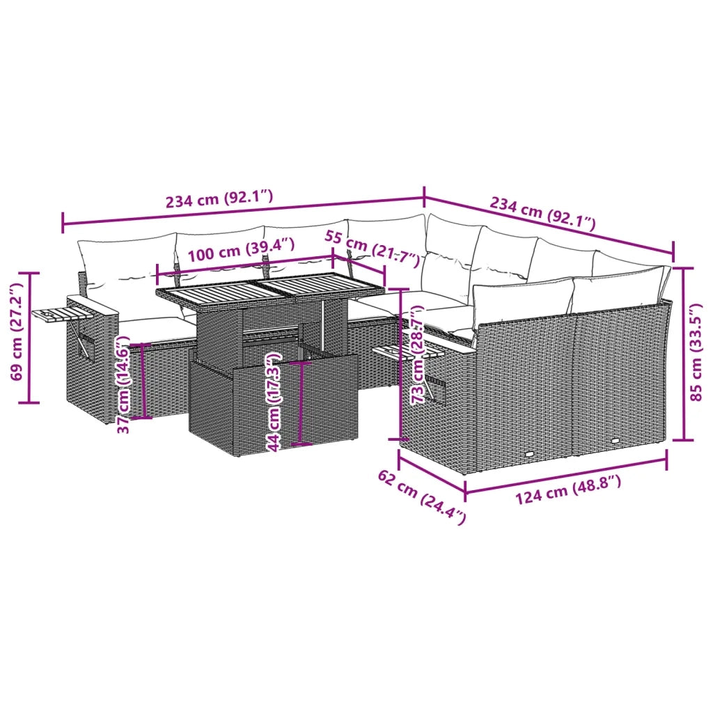 Set Divani da Giardino 9 pz con Cuscini Nero in Polyrattan 3273442