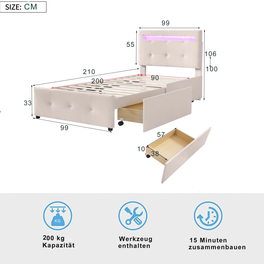 LETTO Classico 90x200 cm in tessuto beige con LED e 2 cassetti