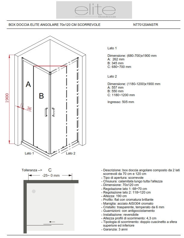 BOX DOCCIA ELITE ANGOLARE 70x120 CM SCORREVOLE TRASPARENTE