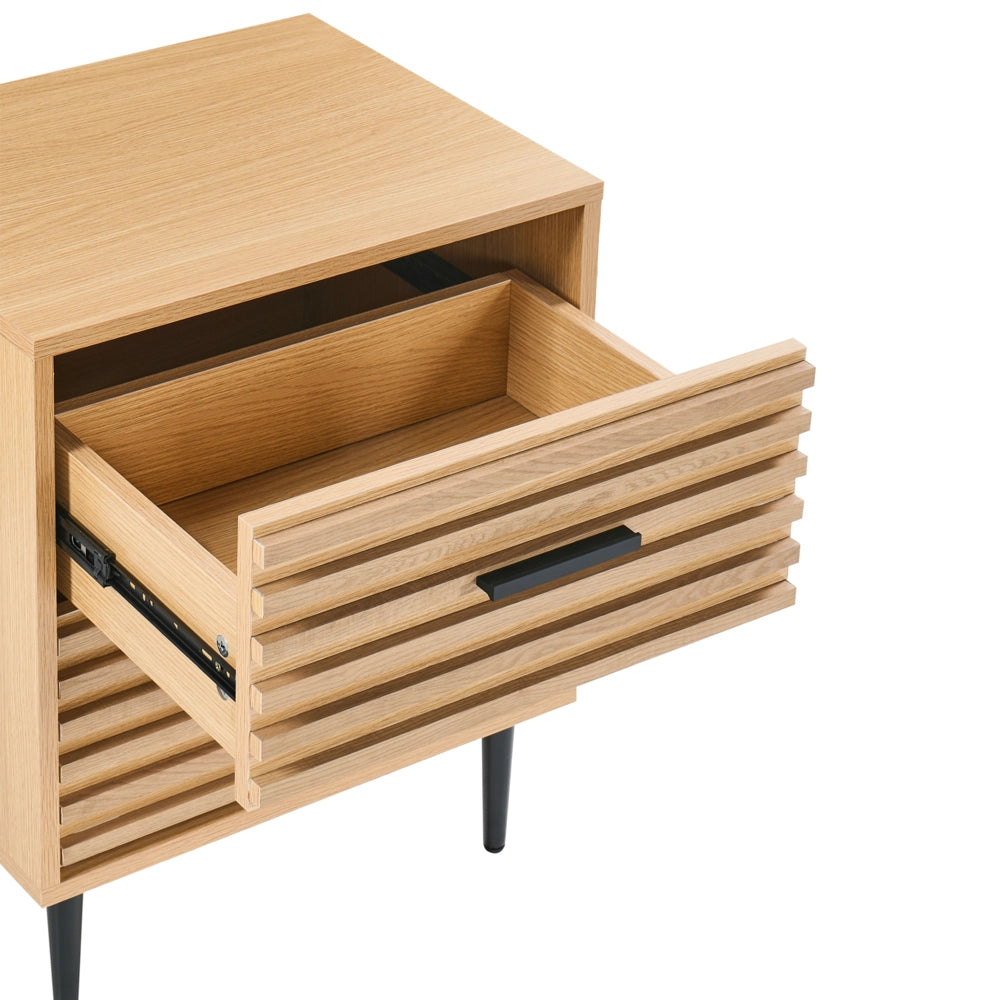 Comodino marrone chiaro in MDF con gambe in ferro e 2 cassetti Tavolino moderno