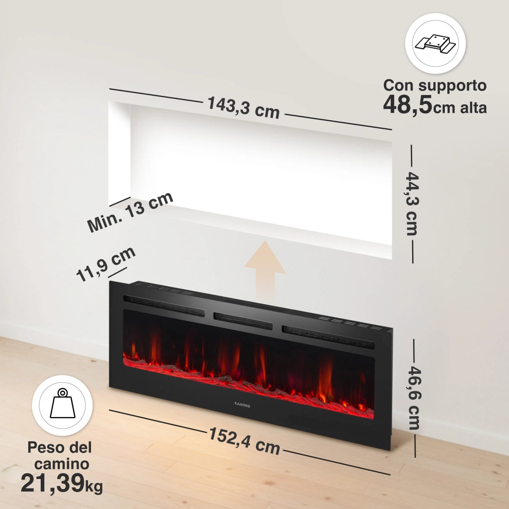 KAMINIO Camino elettrico MARLON - Camino elettrico 3 in 1 con riscaldatore, effetto fiamma 3D, 12 colori di fiamma, telecomando - 60 pollici