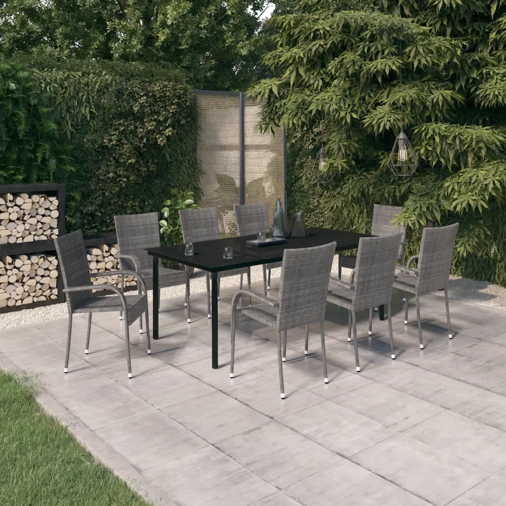 Set da Pranzo per Giardino 9 pz con Cuscini Grigio e Nero 3099394