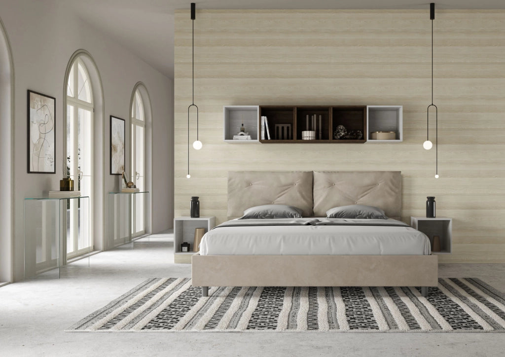 BS COM Letto matrimoniale king size senza rete imbottito 190x210 microfibra sabbia Large