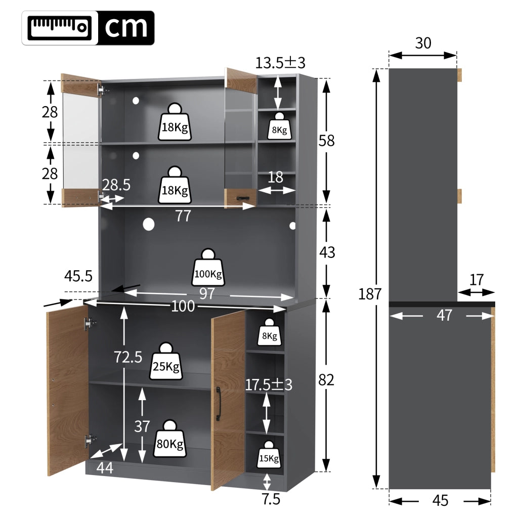Mobile Cucina con LED ¨C MINIMAL ¨C Legno, Ripiani Regolabili, 100x47x187 cm