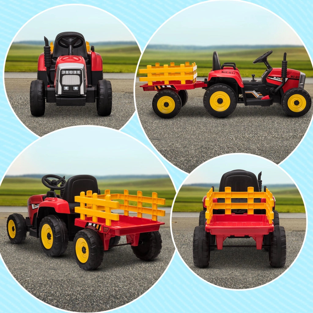 Trattore Elettrico per Bambini 12V con Rimorchio Rosso
