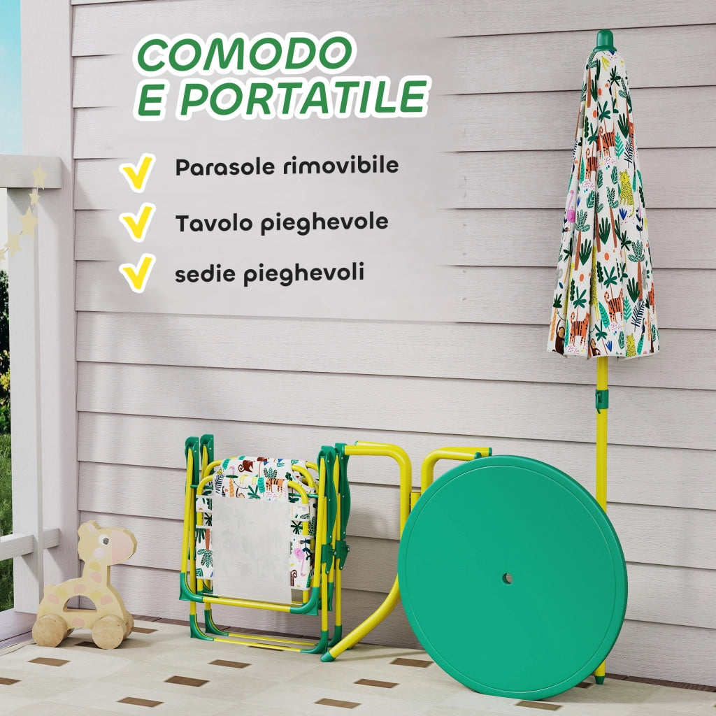 Tavolo da Picnic per Bambini Set Tavolo e Sedie con Ombrellone Verde