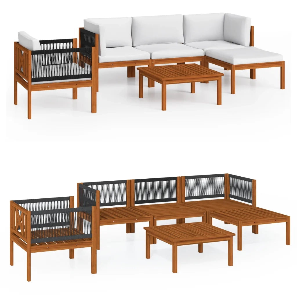 Set da giardino 6 pezzi con cuscini in legno crema, acacia e corda 3057880