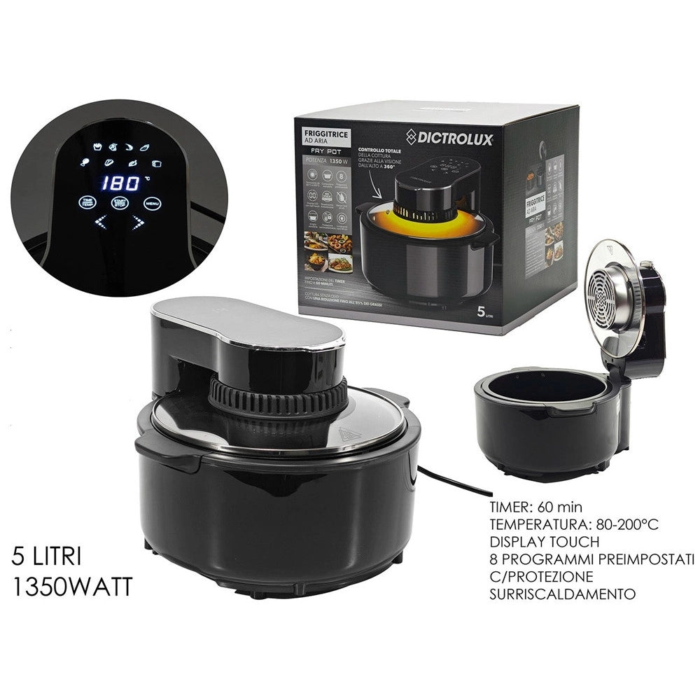 Trade Shop - Friggitrice Ad Aria 5lt 1350w Con Display Touch 8 Programmi Protezione Surriscaldamento -