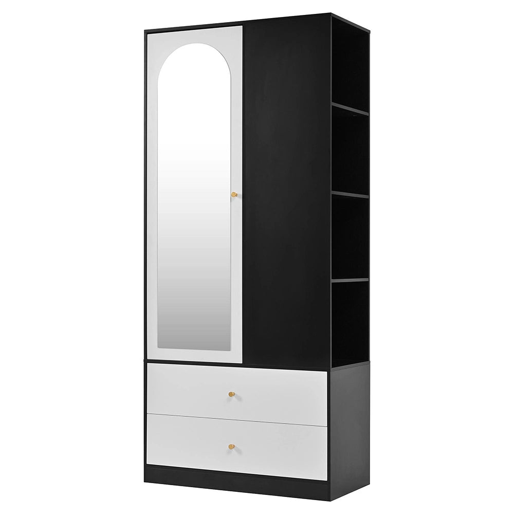 Armadio con specchio e porta - Xylo - 80x40x180 cm - Bianco e nero - 2 cassetti e 4 ripiani