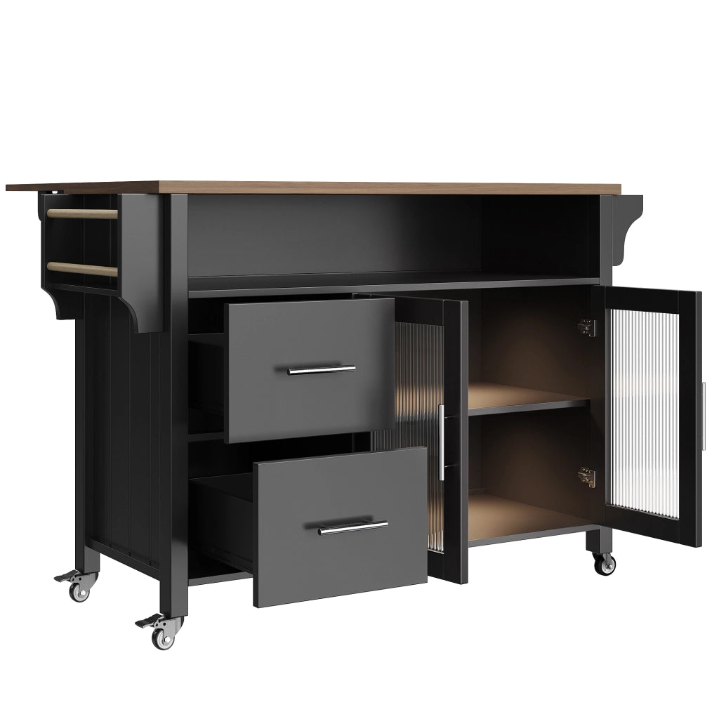 Isola Cucina con Vetrina LED e Ruote ¨C MINIMAL ¨C Nero, Legno