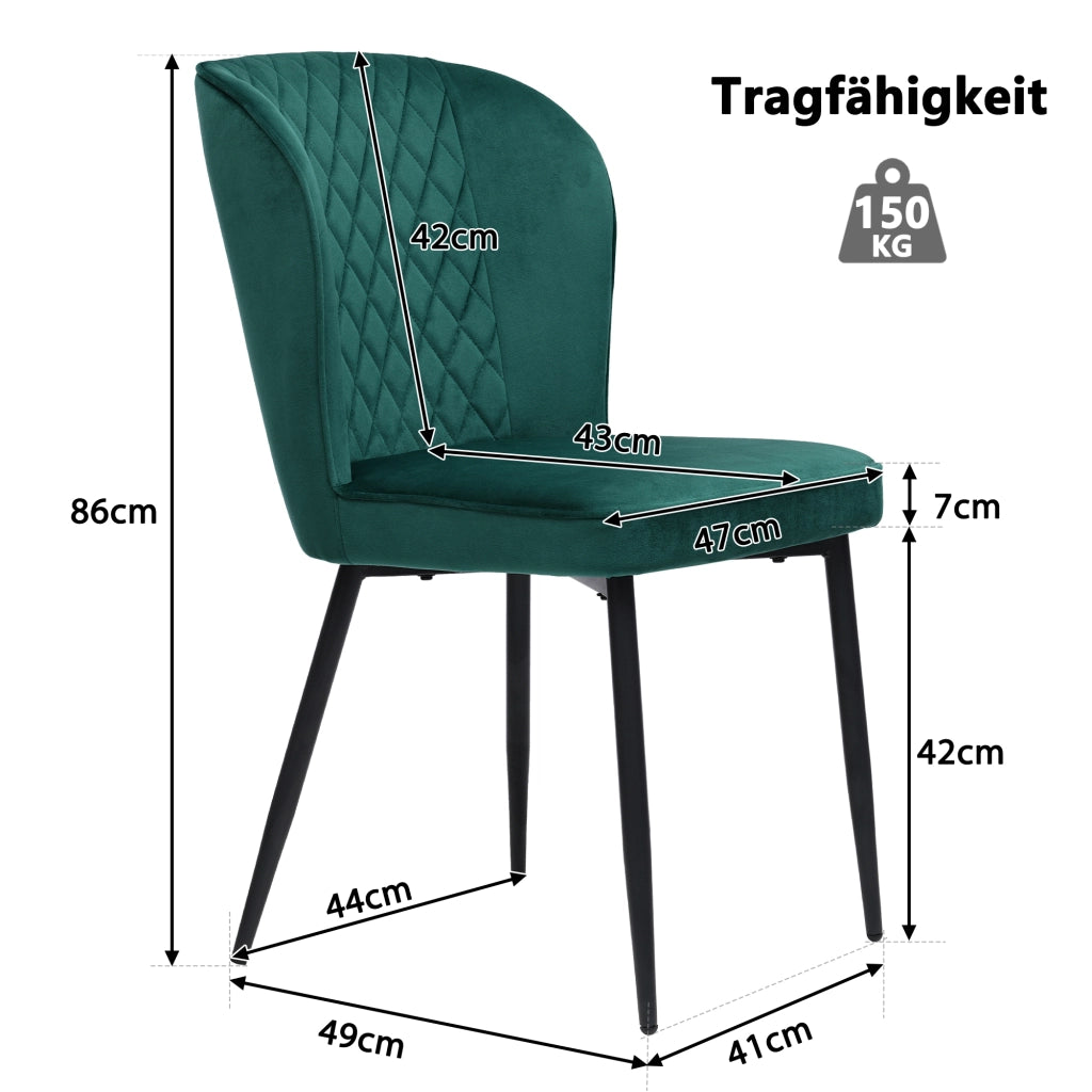 Sedia da pranzo moderna in velluto verde con struttura in metallo