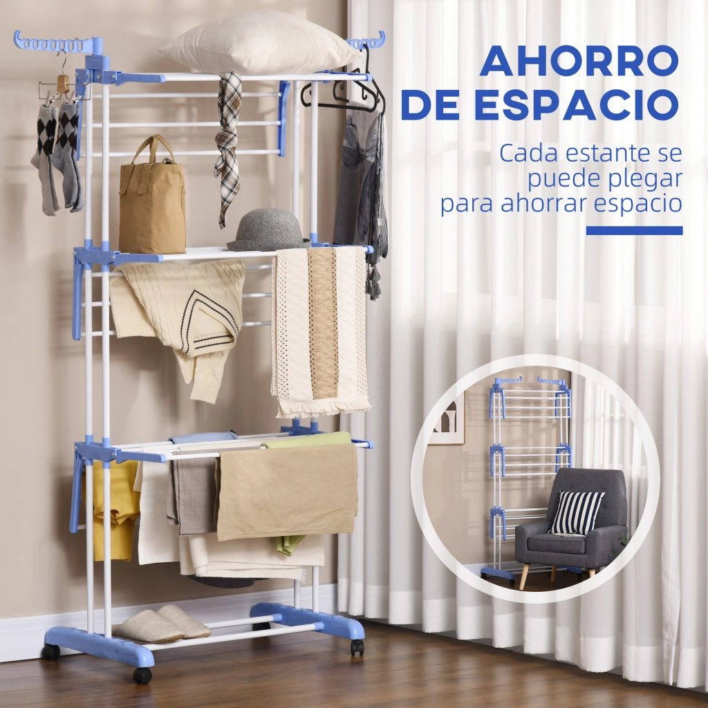 Appendiabiti Pieghevole a 3 Livelli con Ruote ¨C Minimal ¨C Blu e Bianco 73x64x172 cm