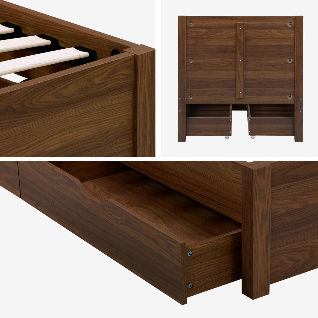 Letto con rete a doghe e testiera 90x190cm + 4 cassetti, noce