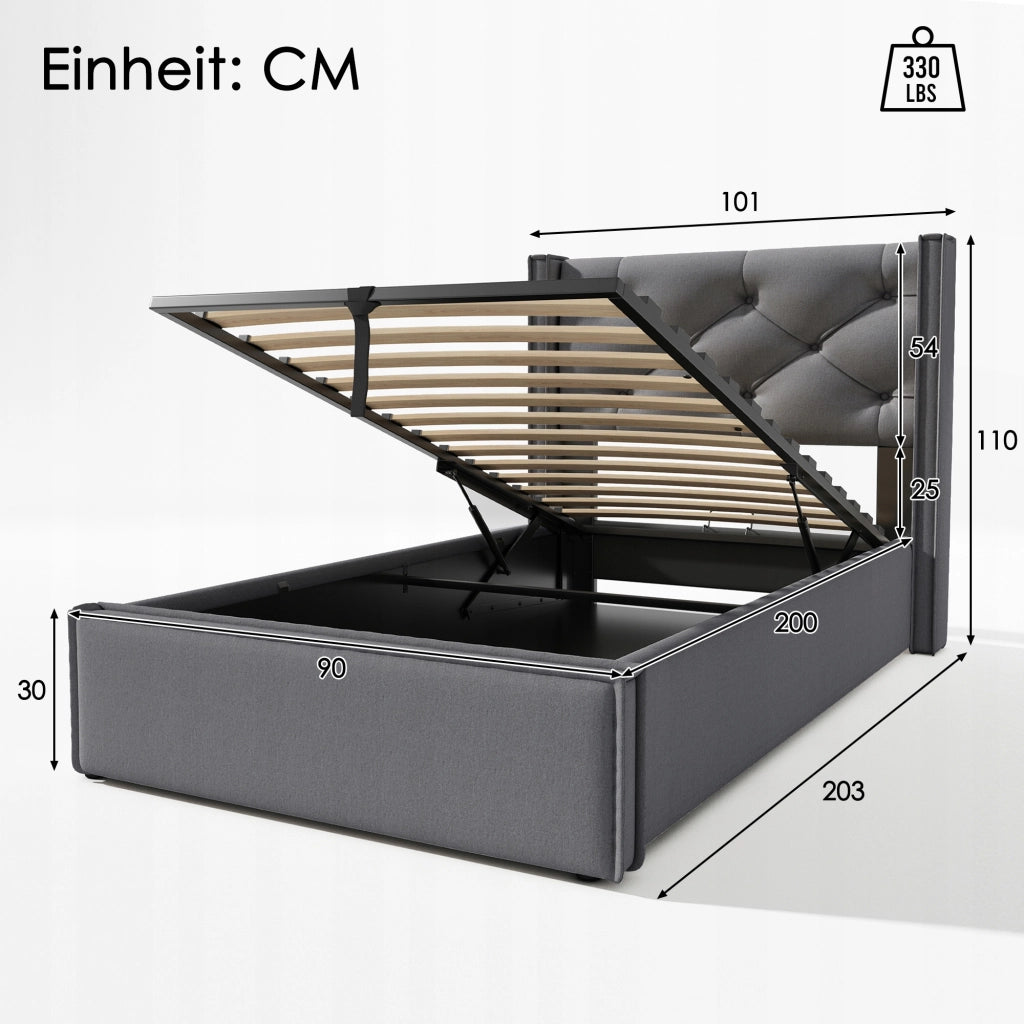 Letto imbottito 90x200 - Xylo - Grigio, struttura sollevabile