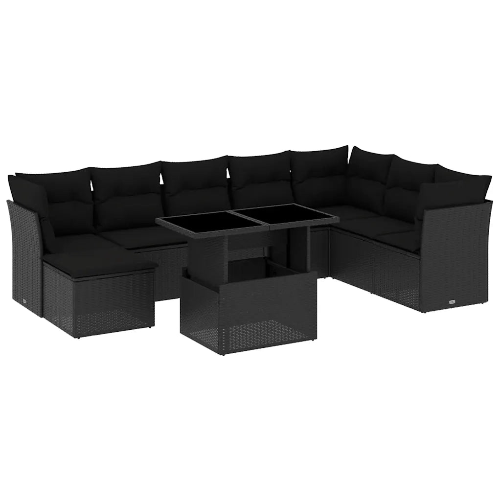 Set Divani da Giardino 9 pz con Cuscini Nero in Polyrattan 3266785