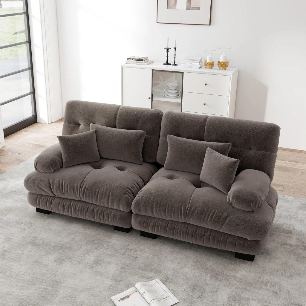 Divano Angolare Chenille ¨C Xylo ¨C Marrone, Cuscini, Braccioli, Legno Massello