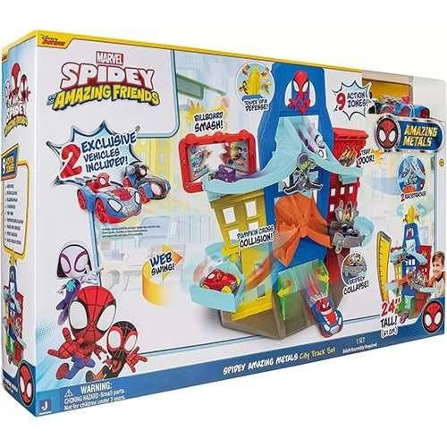 Marvel Spidey and his amazing friends,City Track Set, Playset con due veicoli in metallo inclusi,Jaswares,Eta 3+