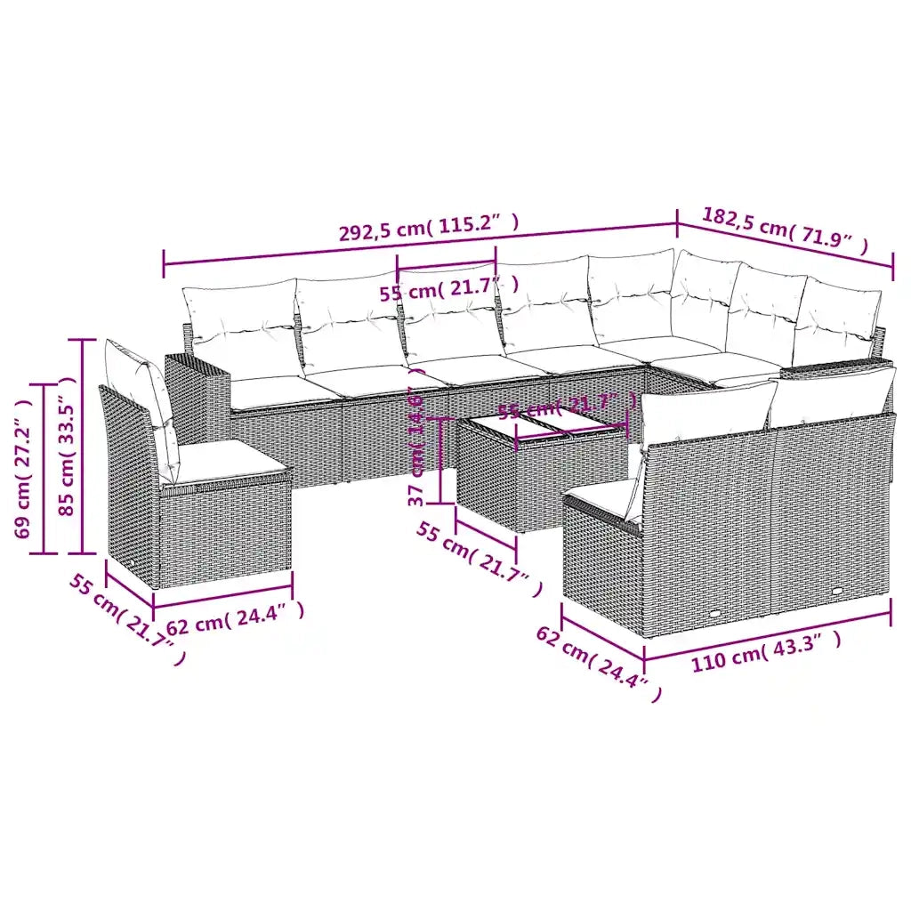 Set Divani da Giardino 11 pz con Cuscini Polyrattan Marrone 3219113