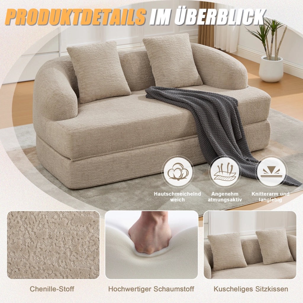 Divano letto convertibile a 2 posti con due cuscini e supporto ergonomico in chenille kaki 157 × 84 × 65 cm