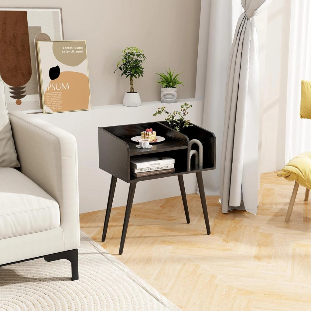 Comodino 50 x 32 x 58cm, Tavolino Moderno con Mensole Aperte, Gambe in Metallo e Poggiapiedi Regolabili, Comò Ideale per Soggiorno e Camera da Letto (Nero,1)