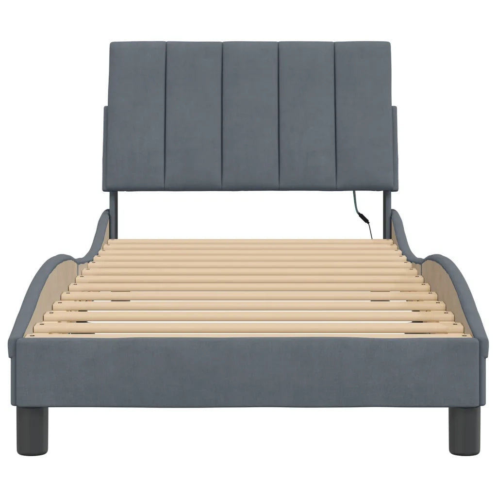 Letto singolo | Letto per adulti | Giroletto con LED senza Materasso Hanko Grigio Scuro 90x190 cm in Velluto