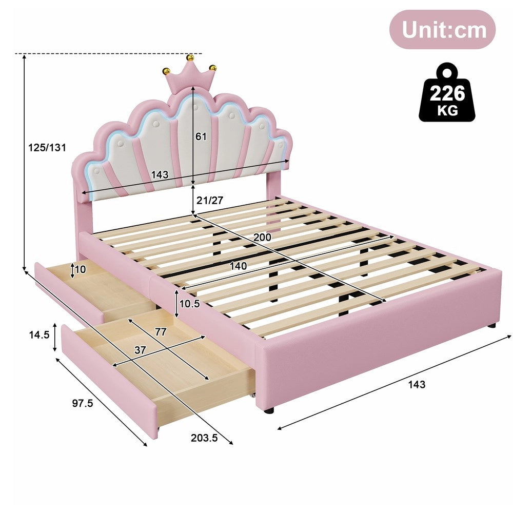 Letto Imbottito con Cassetti e Testiera Regolabile ¨C MINIMAL ¨C Rosa, PU, 140x200