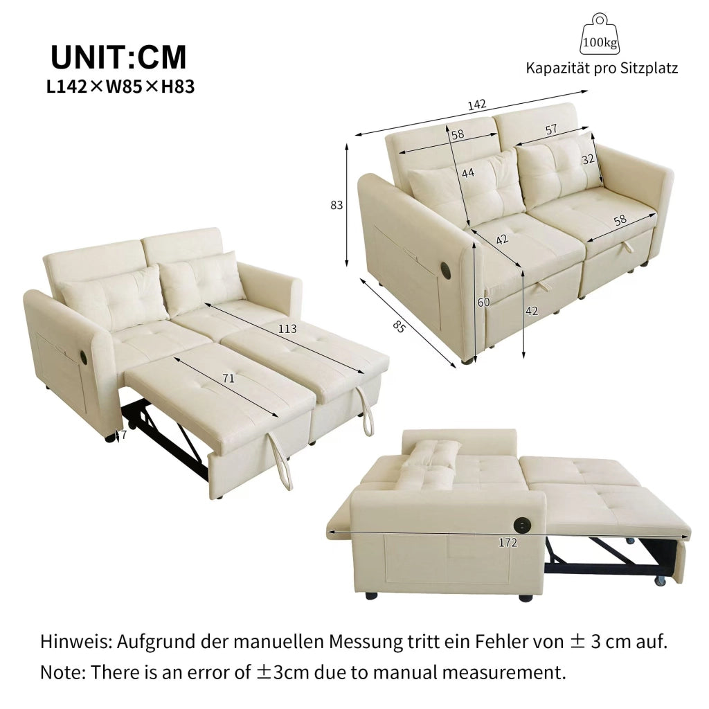 Divano letto 3 in 1 con schienale regolabile; USB e tasche laterali in cotone e lino beige