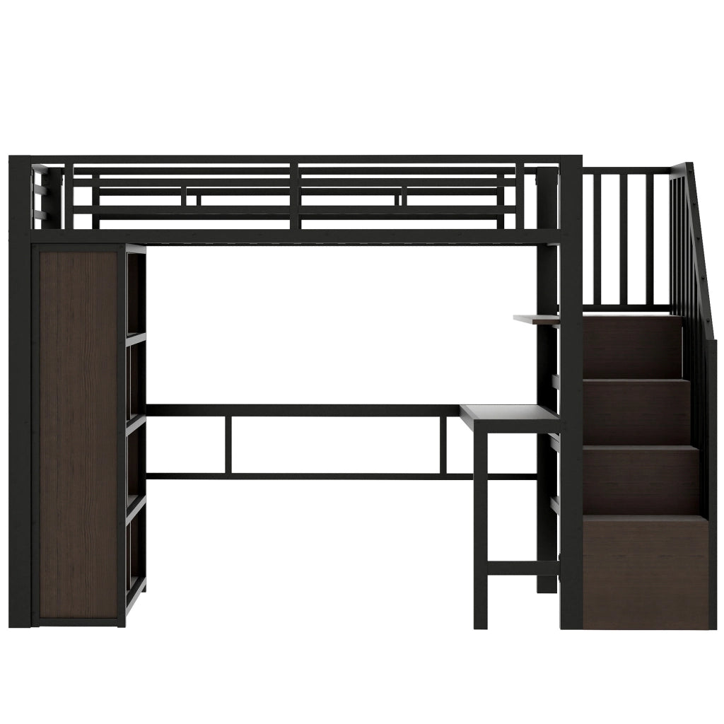 Letto castello 90x200 ferro scrivania LED scala stivaggio nero