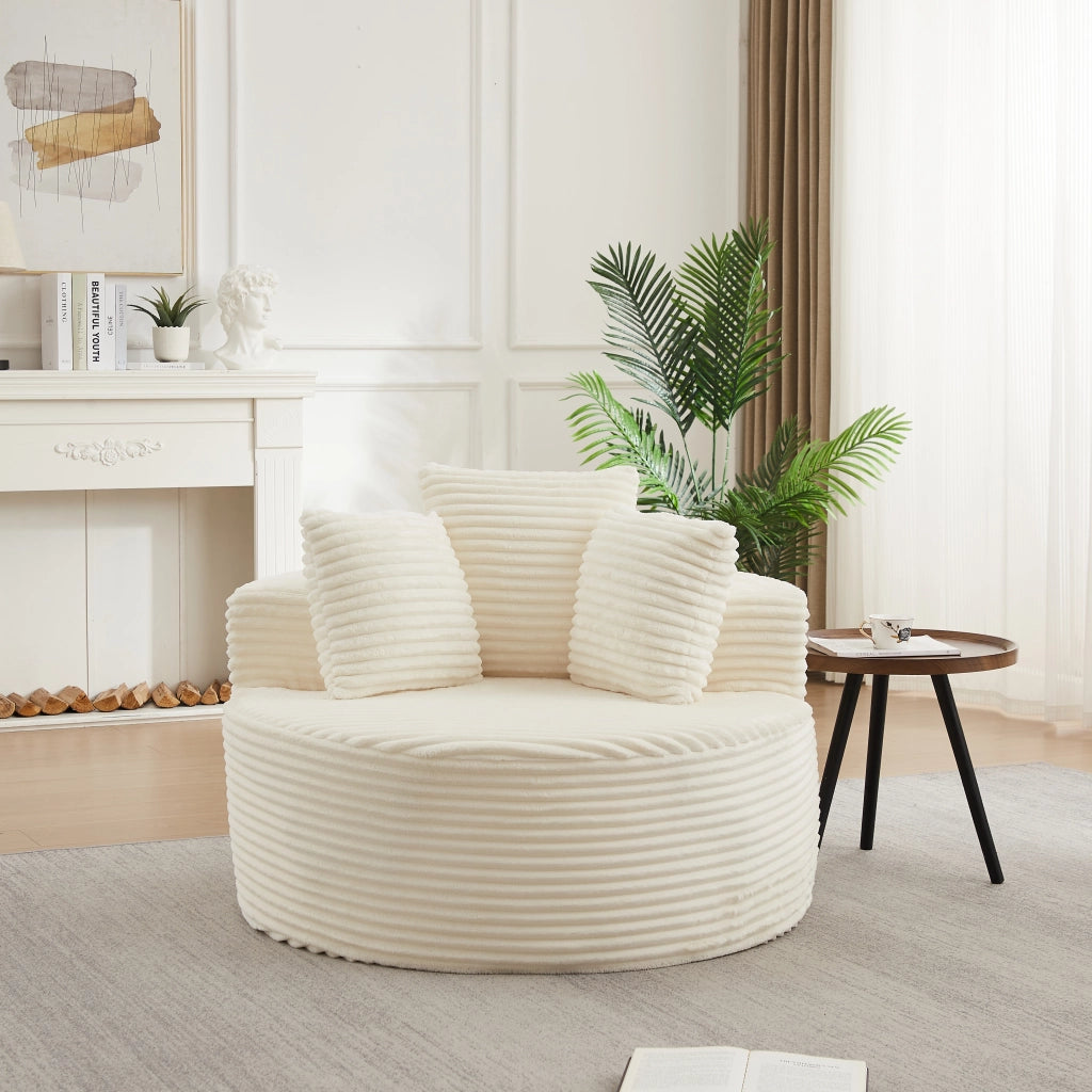 Poltrona lounge rotonda con braccioli larghi e 3 cuscini in velluto a coste, schiuma e molle, beige