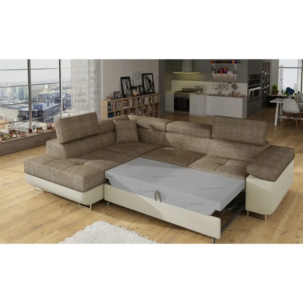 Divano angolare trasformabile MENTON beige e marrone bouclé - Angolo sinistro con vano contenitore