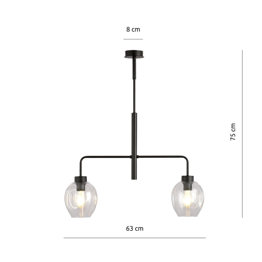 Lampadario Moderno 2 Luci Auriga In Accaio Nero E Vetro Trasparente