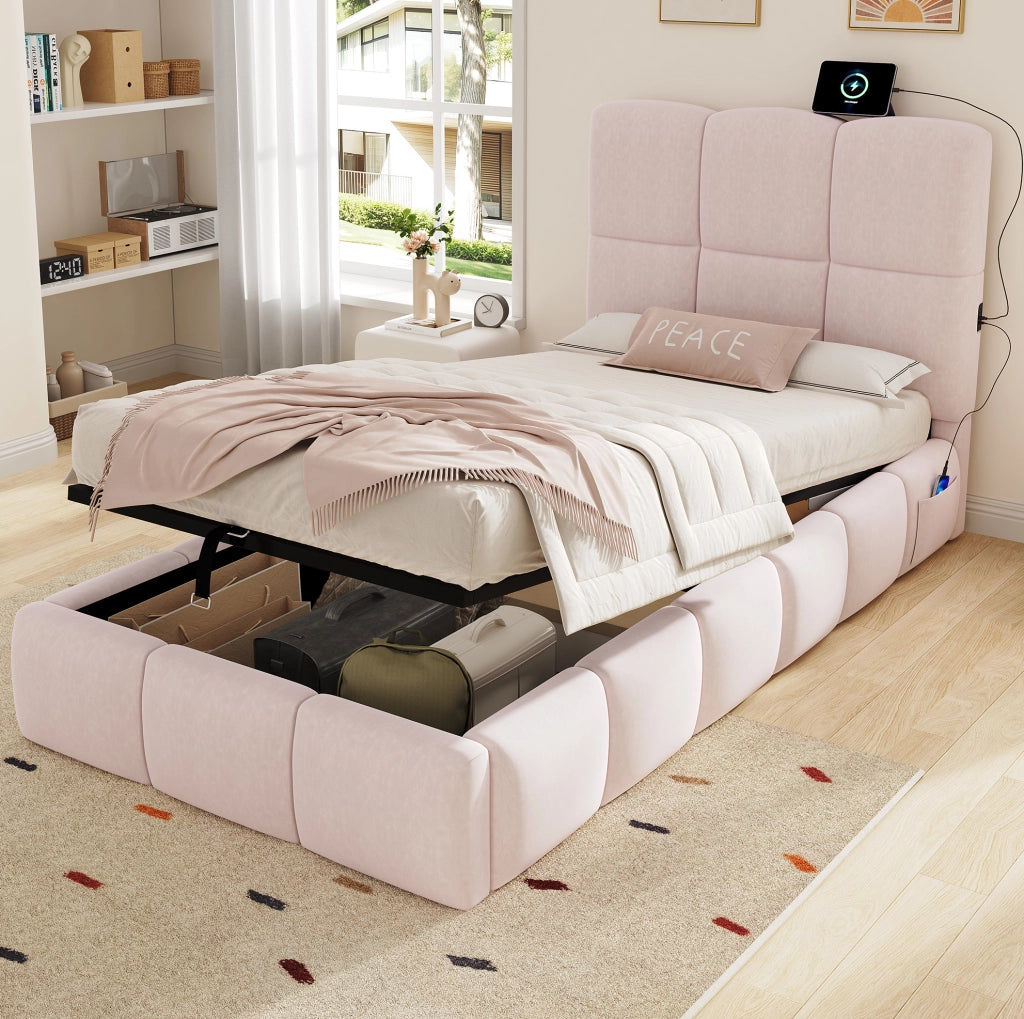Letto singolo 90x200 cm con contenitore; rete a doghe e USB C; velluto rosa