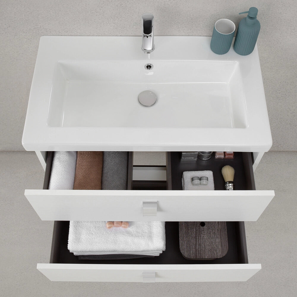 Mobile bagno sospeso 80 cm in bianco frassino con lavabo e specchio tondo Bravo