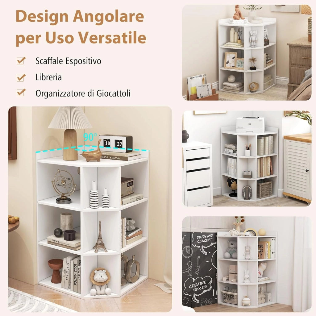 Mobile ad Angolo a 3 Livelli in Legno, Libreria Angolare Aperta con Stazione di Ricarica 9 Cubi 2 Porte USB e 4 Prese, Adatto per Spazi Ridotti, 51x71,5x86 cm (Bianco)