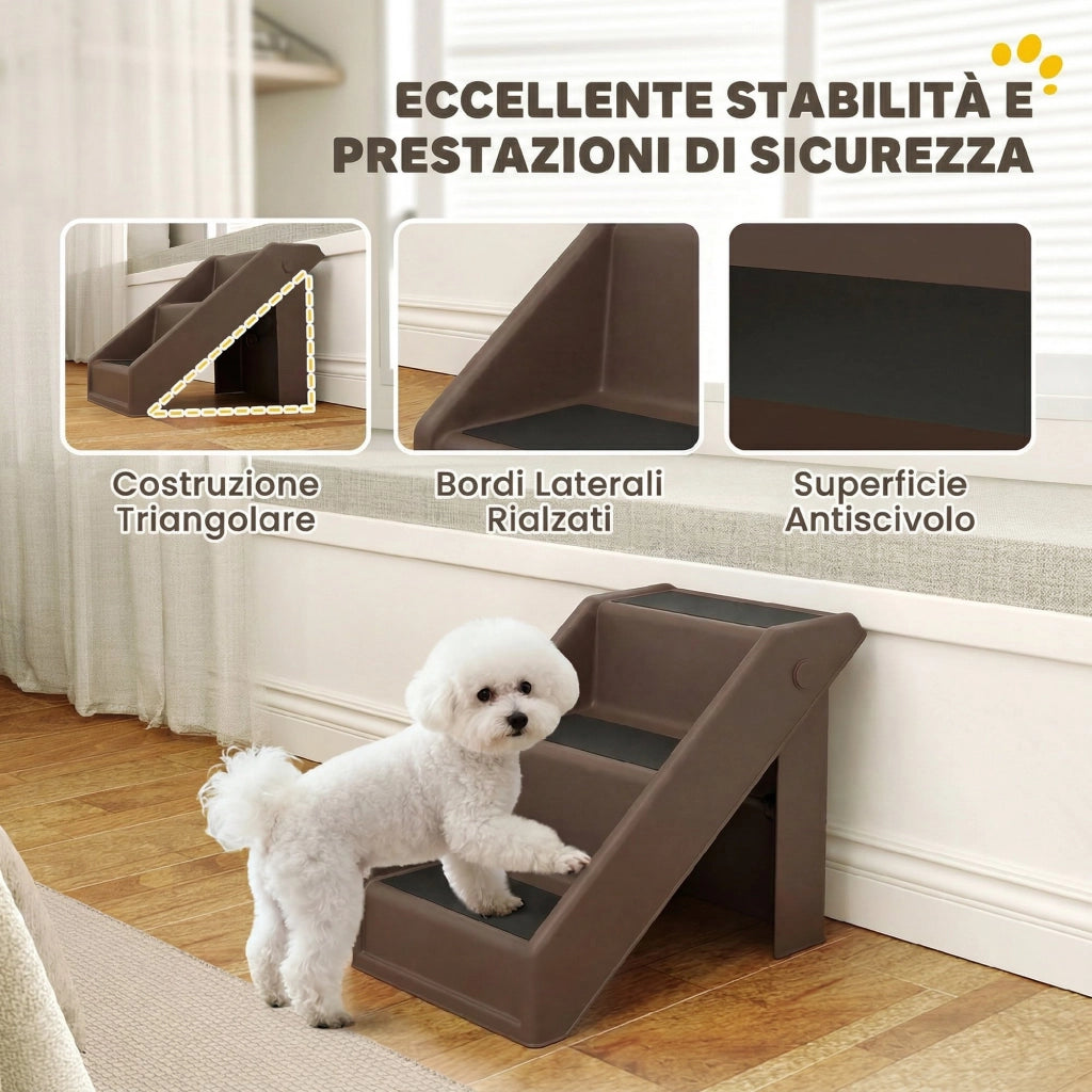 Scaletta per Cani e Gatti 53x30,5x36,5 cm con 3 Scalini Antiscivolo in PP e EVA Marrone