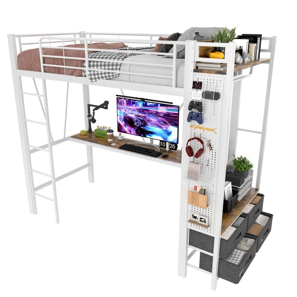 Letto a Soppalco con Scrivania e LED ¨C MINIMAL ¨C Bianco, 90x200, 4 Cassetti, USB
