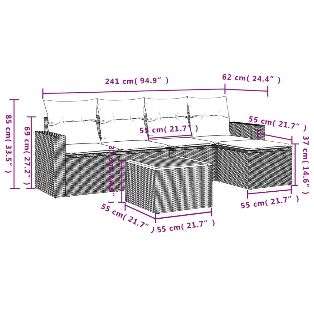 Set Divano da Giardino 6 pz con Cuscini Nero in Polyrattan 3224096