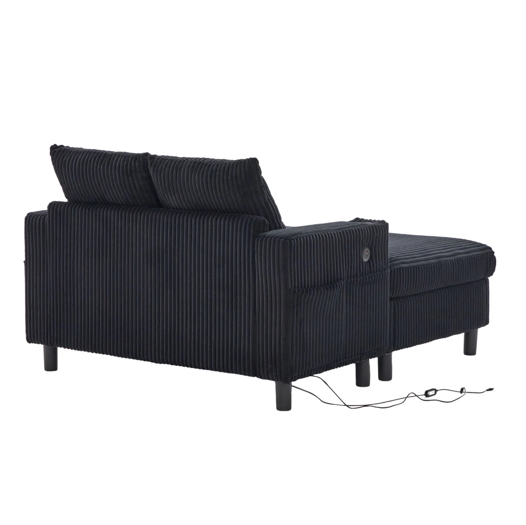 Poltrona relax oversize in velluto a coste nero con LED; USB; portabicchieri; 142 cm