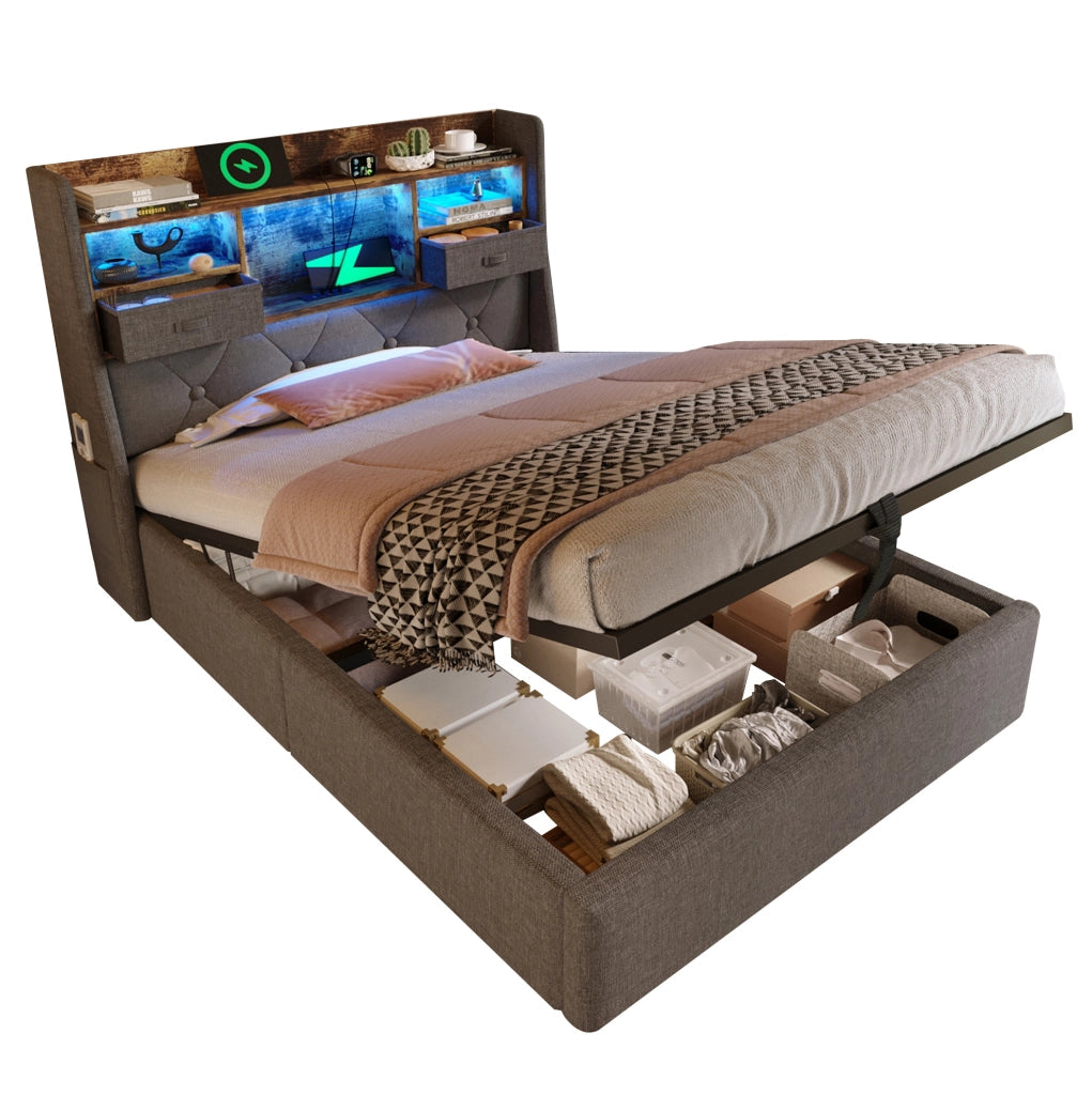 Letto singolo 90x200 cm contenitore con LED; USB C e tessuto lino grigio