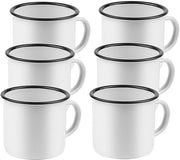Set di 6 Mok Emaille 350ml - Bianco/Azzurro - Adatto per Caffè/Zuppa - Maniglia Larga - Ideale come Regalo di Ricordo - Tazza da Bevande