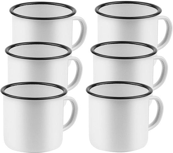 Set di 6 Mok Emaille 350ml - Bianco/Azzurro - Adatto per Caffè/Zuppa - Maniglia Larga - Ideale come Regalo di Ricordo - Tazza da Bevande
