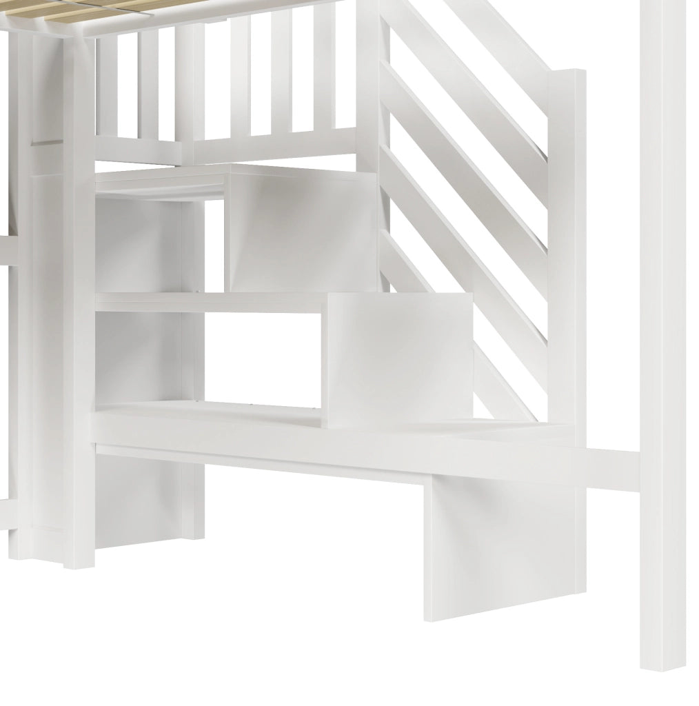 Letto a castello 140x200 cm con LED; scala con contenitore e protezioni; bianco