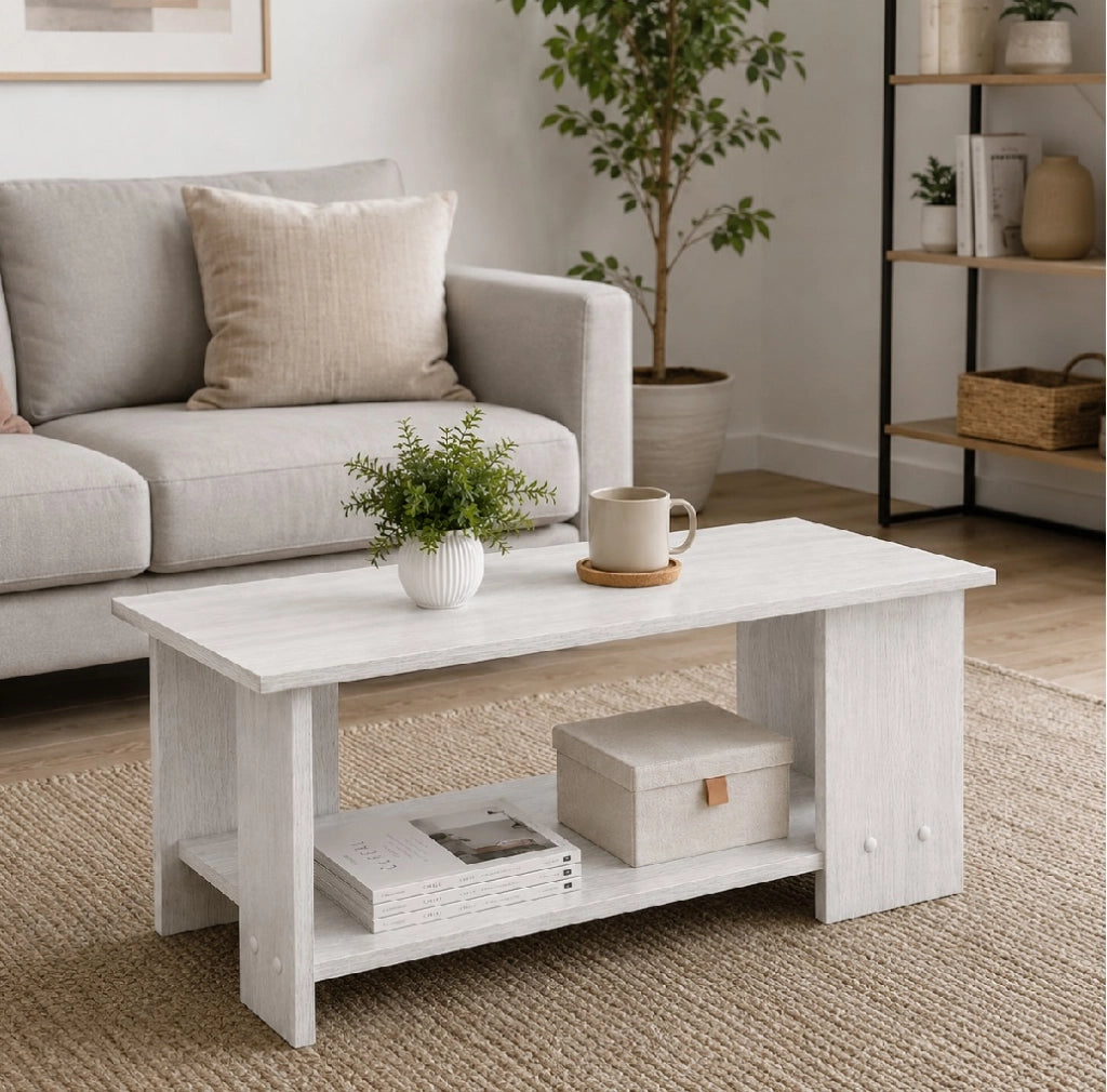 Tavolino da Salotto 2 Ripiani Moderno Salvaspazio 89x48x42 cm Bianco
