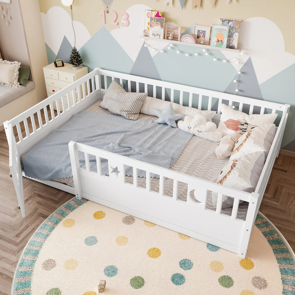 DESMIU Letto per Bambini 140 × 190 cm 2 Posti con Sponde di Sicurezza e Cancelletto con Chiusura, Senza Materasso, Bianco