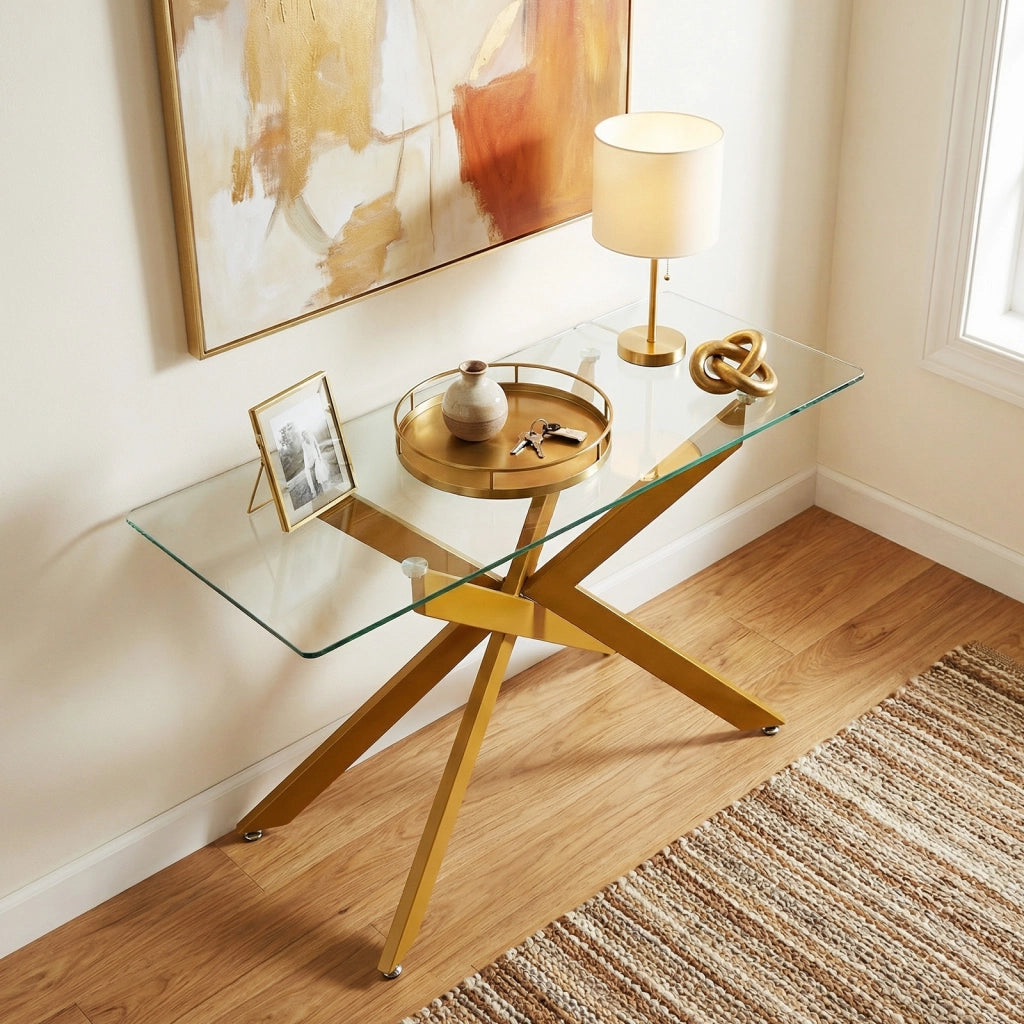 Tavolino consolle in vetro piano temperato trasparente gambe tubolari metalliche, Tavolo moderno 115 cm divano soggiorno corridoio ingresso Oro