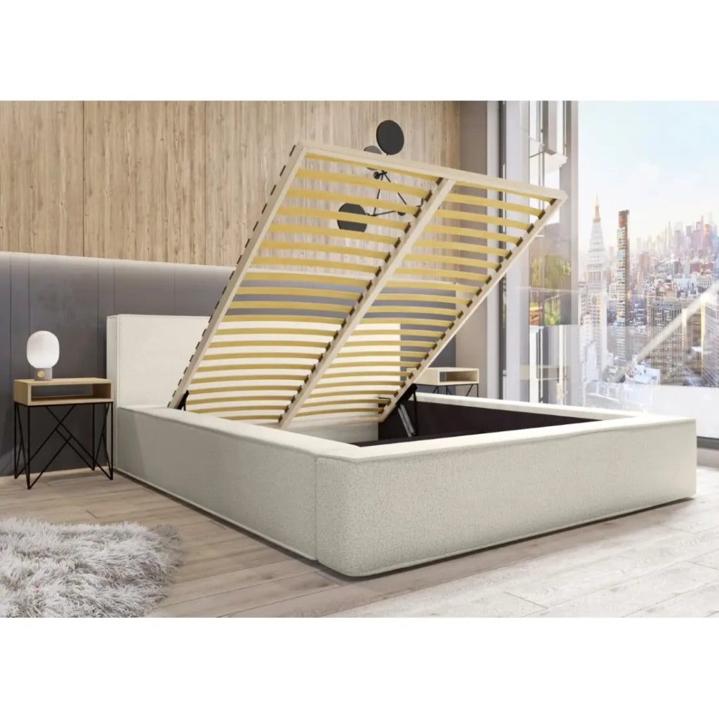 Letto contenitore VELORA – Sabbia ricciolata – 140x200 cm – Tessuto effetto lana – Rete sollevabile – Spazio di stoccaggio integrato