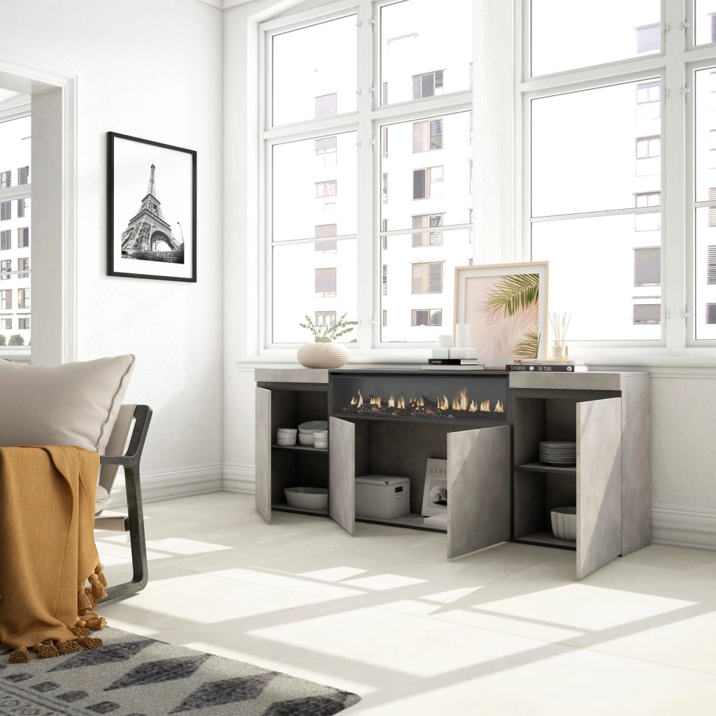 Credenza, Mobile, 200x35x75cm, 4 Porte, Camino elettrico, grigio cemento RF2286