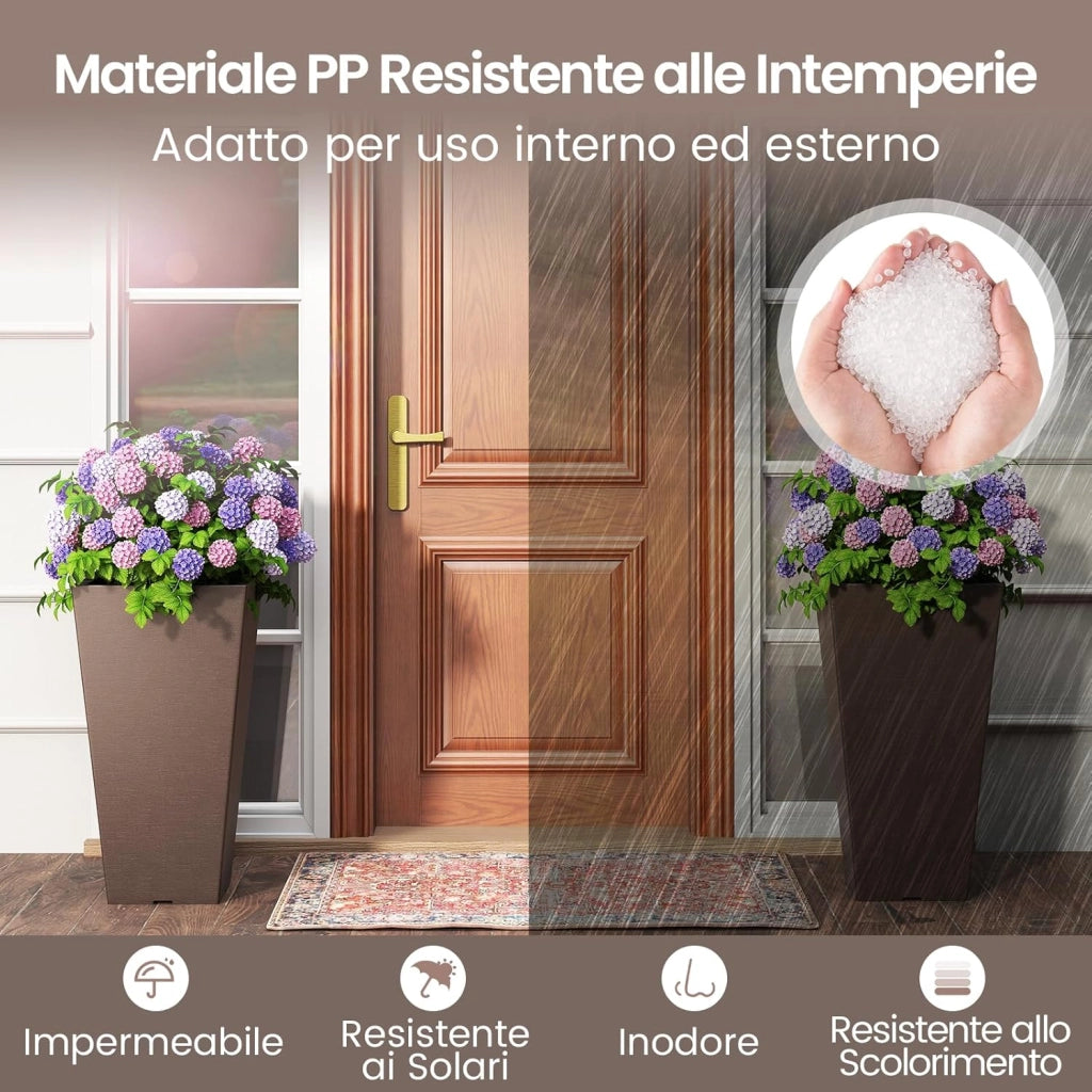2 Vasi Alti Quadrati, Vasi da Fiori Auto-irriganti con Secchio Interno Rimovibile e Fori di Drenaggio, Contenitori Decorativi per Piante da Interno ed Esterno (29,5 x 29,5 x 57 cm)